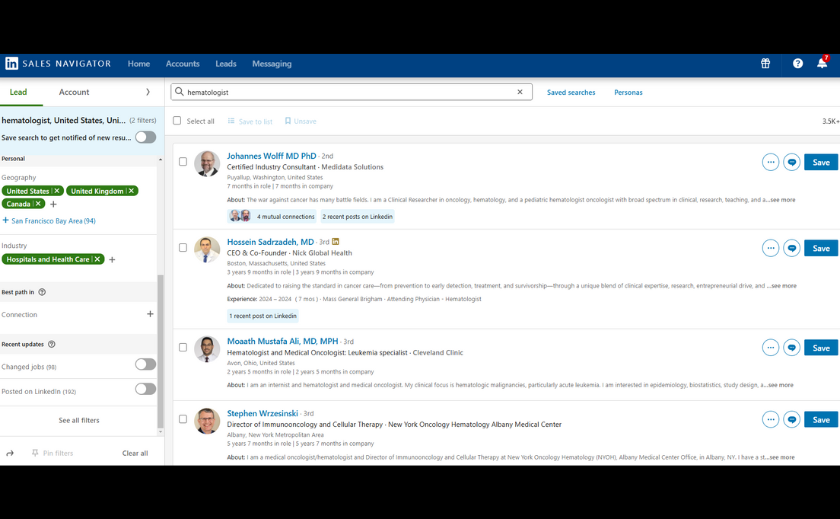 Leverage LinkedIn for list of hematologists