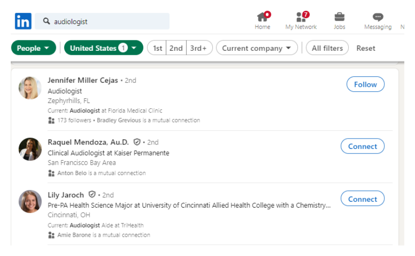 Search LinkedIn for Audiologists